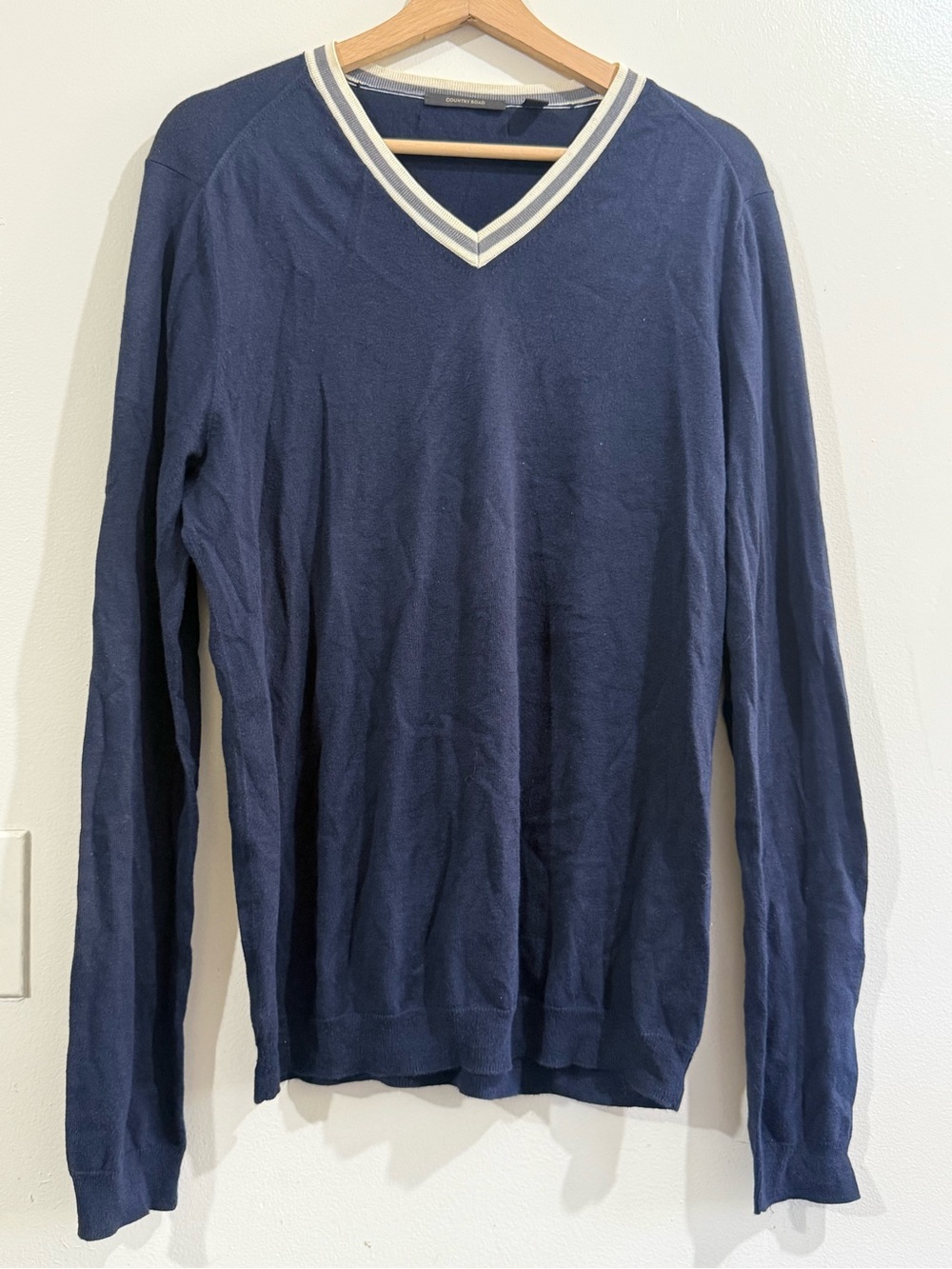 Country Road Navy V-Neck Sweater with Cream Stripe